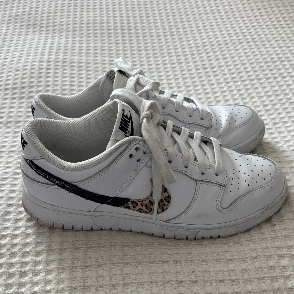 Nike White Leather Sneakers with Leopard Swoosh